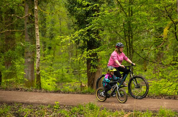 Family cycling on a bike path in the Forest of Dean photo credit Forestry England