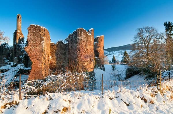 Grosmont Castle in the winter with Snow