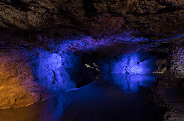 Prehistoric creatures at Clearwell Caves' underground lake