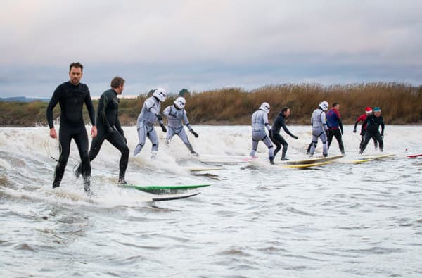 The Severn Bore with Stormtroopers from Star Wars surfing