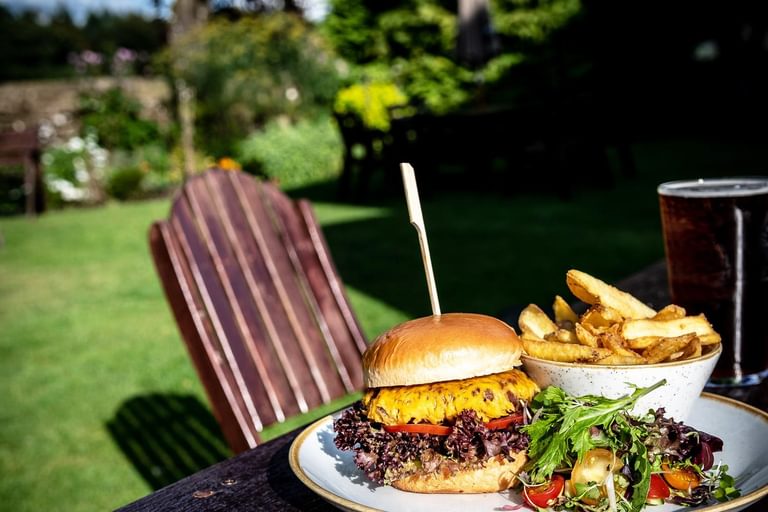 Burger and Chips in the garden at the Speech House Hotel